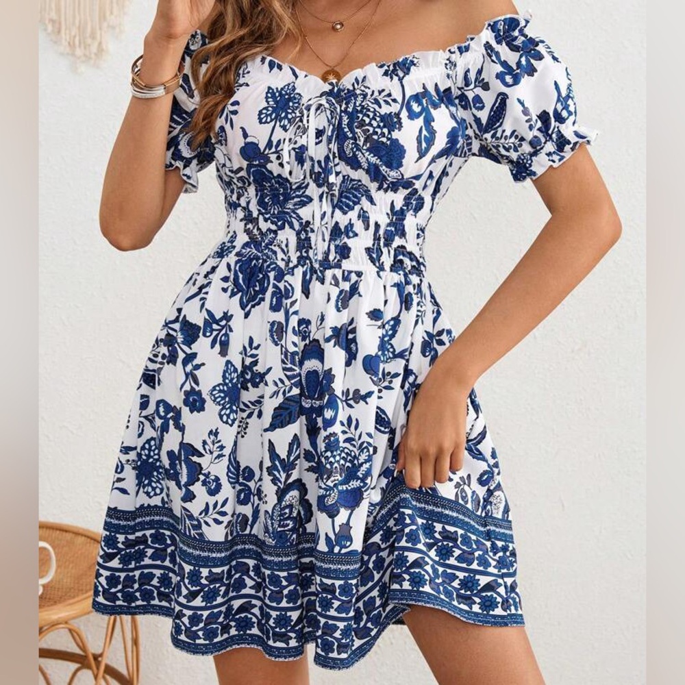 Woven printed off shoulder A-line sun dress